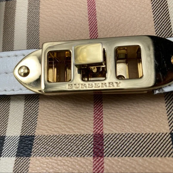 VTG Burberry Minford Satchel Haymarket Coated Canvas White Leather Gold Hardware - Picture 12 of 16